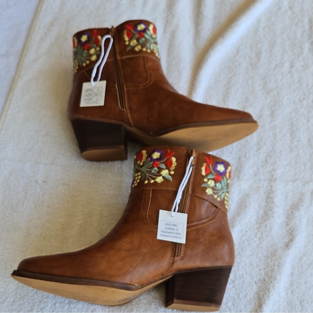 J.Adams Shoes Corral Brown PU Floral Embroidered Ankle Bootie Zip Women 9 - Picture 7 of 8